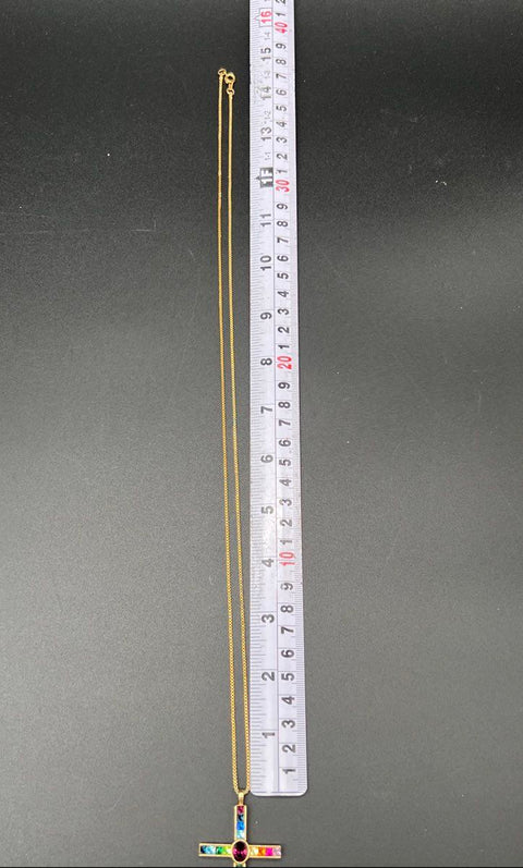 Vintage PSCO 1998 Gold Tone Rainbow Rhinestone Cross Pendant Necklace Signed