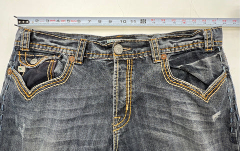 MEK Men's Natal Bootcut Jeans Dark Wash Thick Stitch Distressed Sz 38x34