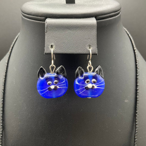 Vintage Handmade Art Glass Lampwork Cat Necklace & Earrings Jewelry Set