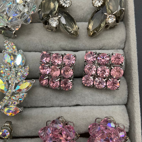 Vintage Sparkly Rhinestone AB Crystal Clip On Earrings Lot 6 Pairs Floral Leaf