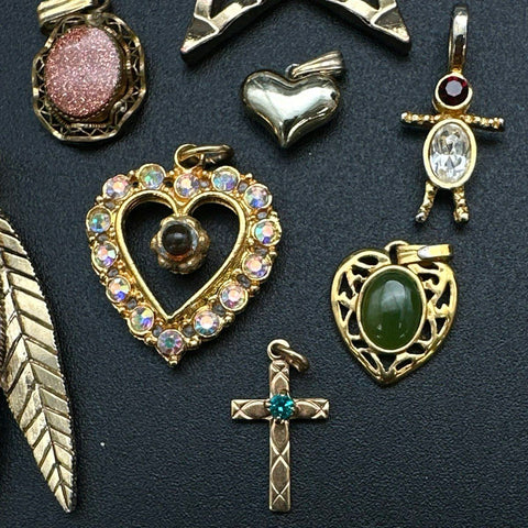 Vintage to Modern Gold Tone Costume Jewelry Lot of 16 Pendants Hearts Crosses