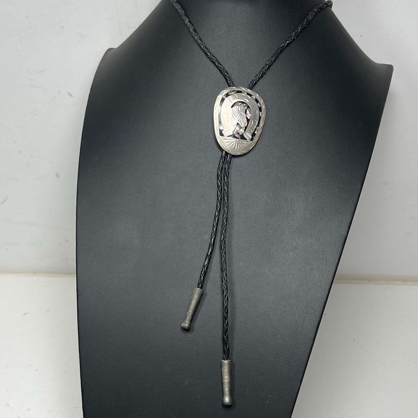Vintage Alpaca Mexico Horse Abalone Chip Bolo Tie
