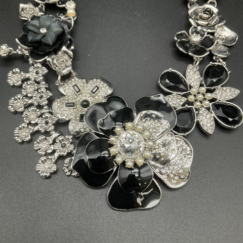 White House Black Market Silver Tone Floral Statement Necklace Black Enamel 18"