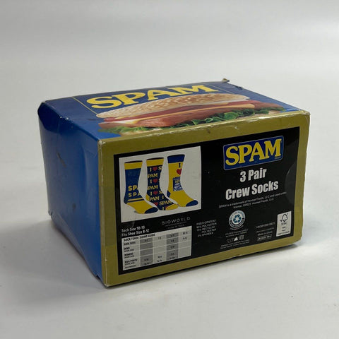 SPAM Men's 3 Pair Crew Socks Blue Yellow Novelty Food Logo New in Box Sz 10-13