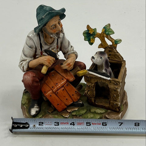 Ceramic Figurine Carpenter Building Doghouse with Dog Hand-Painted 8 Inch