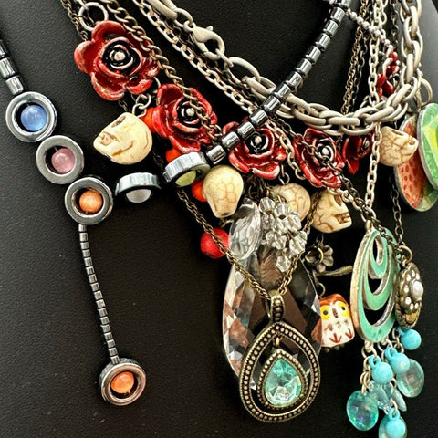 Steampunk Gothic Costume Jewelry Lot Abalone Shell Inlay Skulls Roses Necklaces