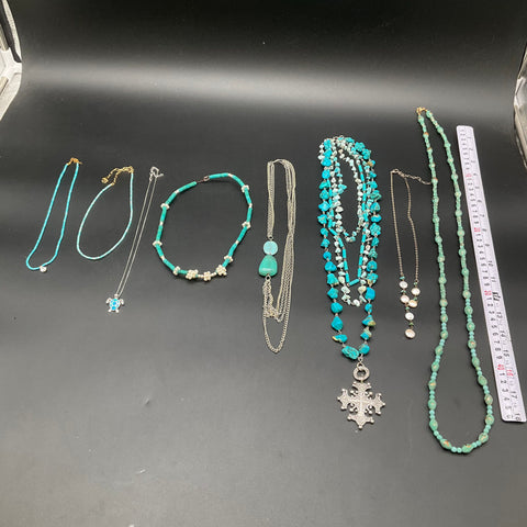 Luna Norte Faux Turquoise Beaded Necklace Lot 8 Ornate Cross Turtle Pendants