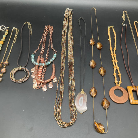 Boho Statement Jewelry Lot of 11 Necklaces Wood Agate Wicker Copper Tone Earthy