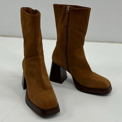 Angel Alarcon Brown Suede Square Toe Platform Block Heel Boots Size 39