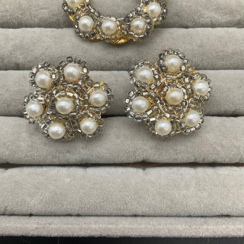 Vintage Faux Pearl Seed Bead Wreath Brooch and 2 Pair Clip On Earrings Lot