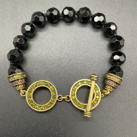 Heidi Daus Black Faceted Bead Bracelet Antique Gold Tone Toggle Clasp 7"