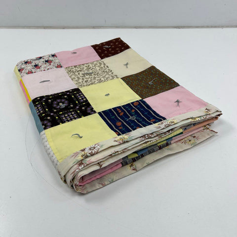 Vintage Patchwork Quilt Square Block Hand Tied Multi Color Floral Print 84x63