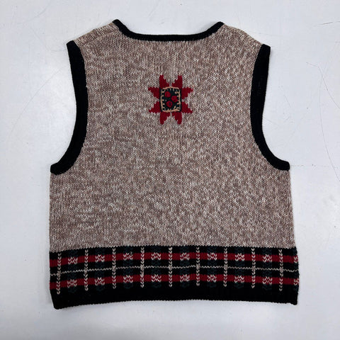 Christopher & Banks Women's Christmas Sweater Vest Tan Hand Embroidered Zip Up