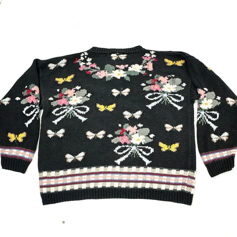 Vintage 90s Christie & Jill Floral Butterfly Ramie Cotton Knit Sweater Sz M/L