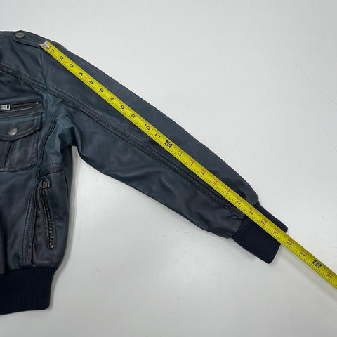 NWT XOXO Blue Gray Faux Leather Moto Cropped Bomber Jacket Juniors L