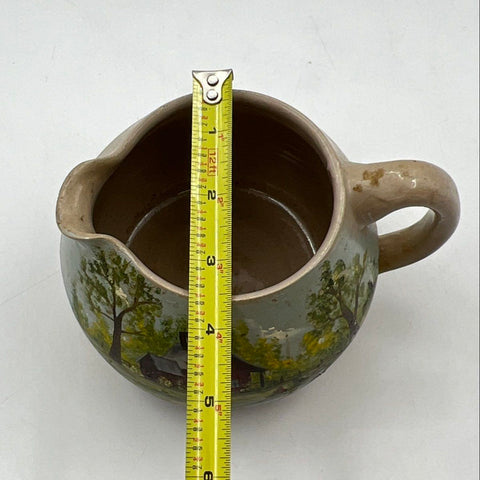Deretha Ames Hand Painted Pottery Pitcher Landscape Red House Scenic Vintage