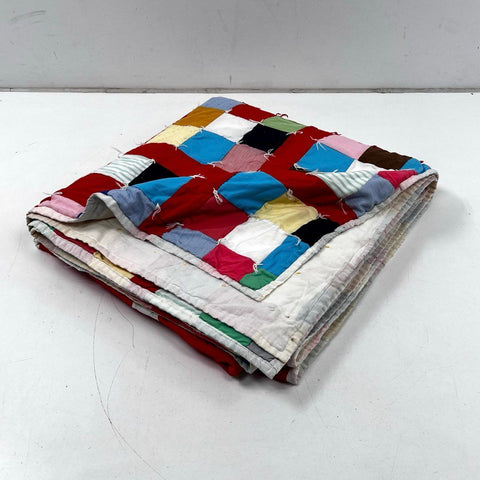Vintage Patchwork Tied Quilt Multi-Color Scrap Fabric Blanket Red Grid 80x72