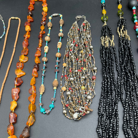 Vintage Beaded & Stone Jewelry Lot of 10 Necklaces Amber Style Art Glass Boho