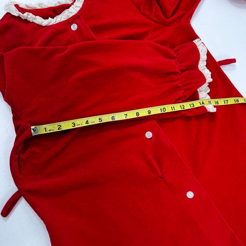 Vintage 70s Raymodes Red Velour Lace Trim Button Front Nightgown Robe Sz NS