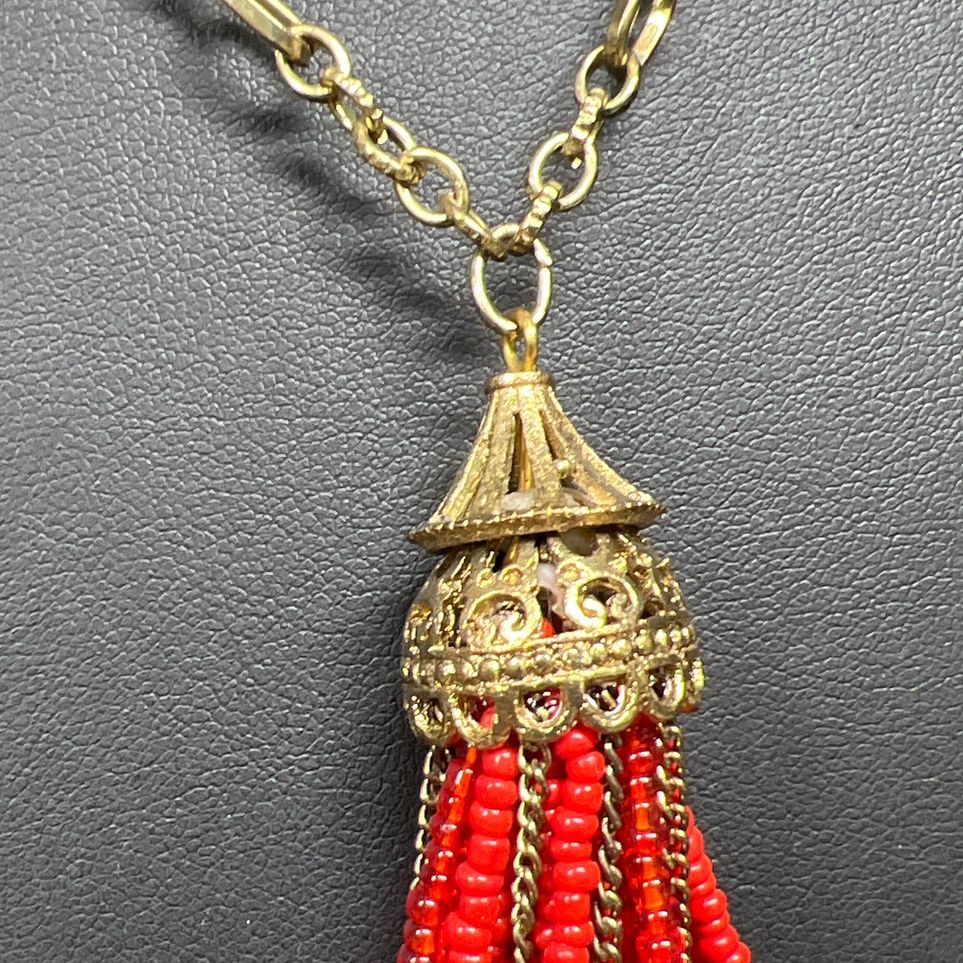 Gold Tone & Red Seed Bead Tassel Necklace