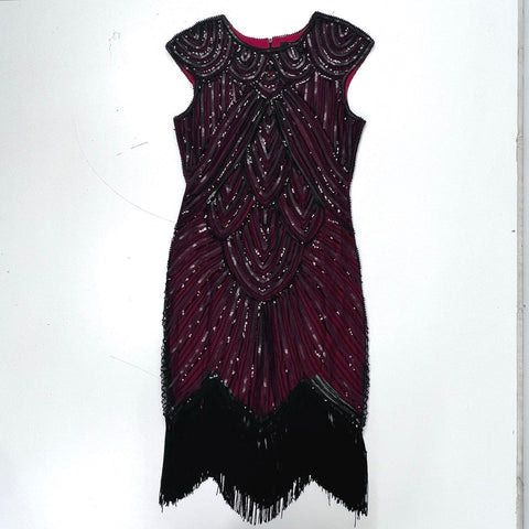 U&S Women's Burgundy Black Sequin Beaded Flapper Gatsby Fringe Dress Sz L