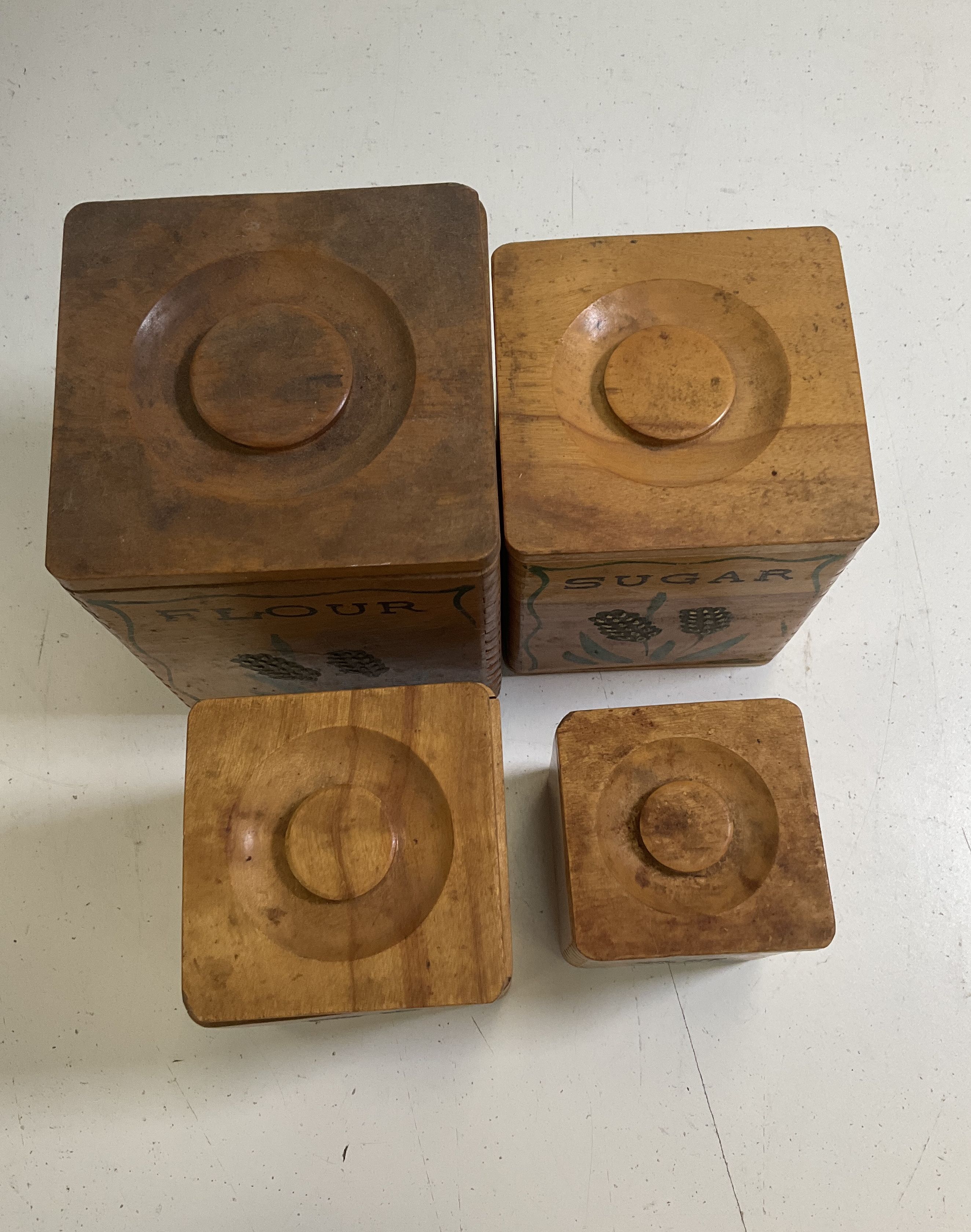Vintage Wood Nesting Canister Set 4 Piece Hand Painted Wheat Graphic Rustic