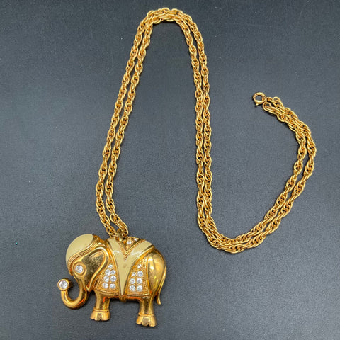 Kenneth Jay Lane for Avon Elephant Brooch Pendant Necklace Gold Tone Rhinestone