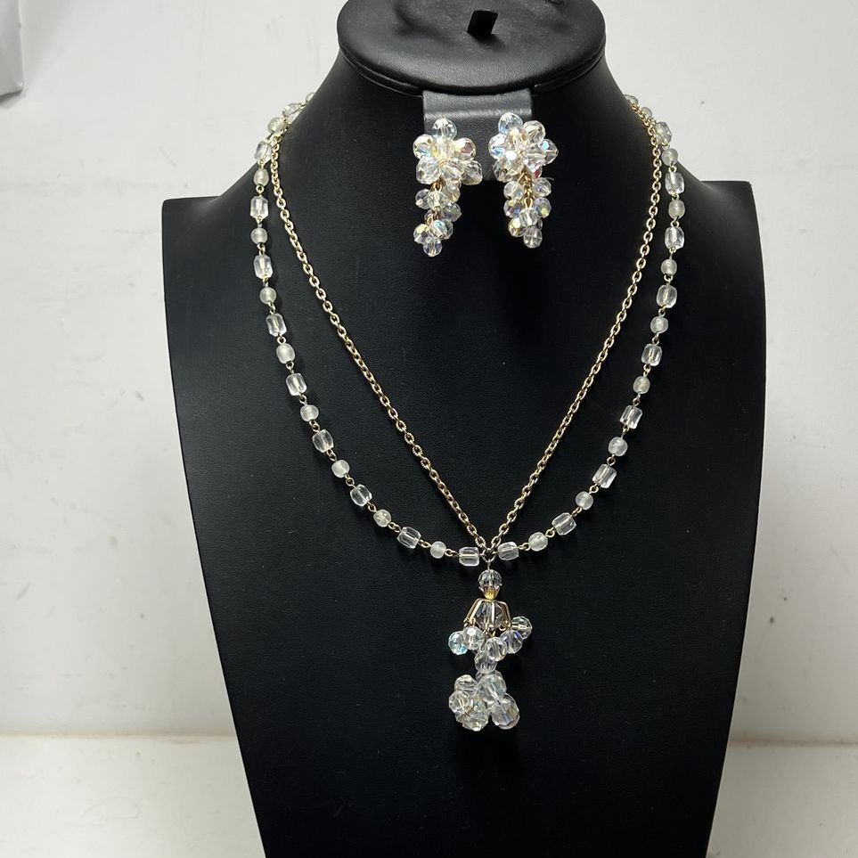 Vintage Multifaceted Iridescent Beaded Necklace and Clip On Earrings Set