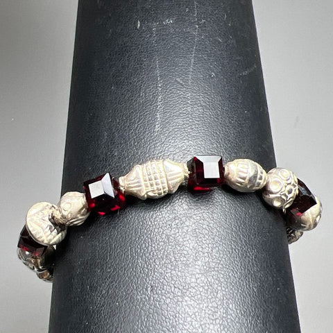 Sterling Silver Skull & Red Glass Beaded Bracelet 16.19g