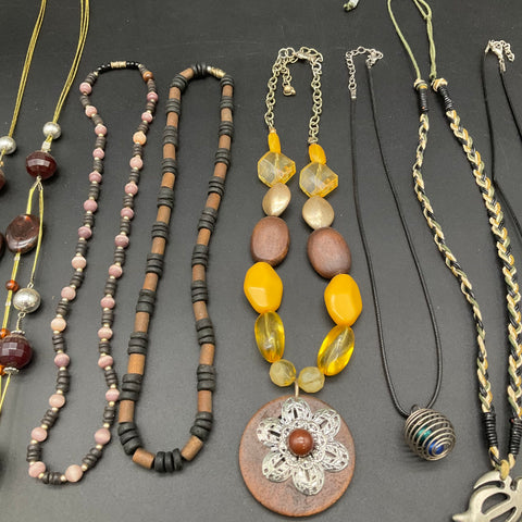 Boho Coastal Wood Resin Cord Jewelry Lot of 8 Necklaces Turtle Floral Pendants