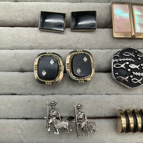 Vintage Mens Cufflinks Tie Bar Lot 7 Sets Figural Dog Fish MOP Mid Century