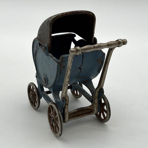 Vintage Cast Iron Miniature Doll Stroller Carriage Blue Paint Spoke Wheels