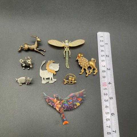 Vintage Animal Brooch Pin Lot of 8 Dragonfly Poodle Bird Lion Costume Jewelry