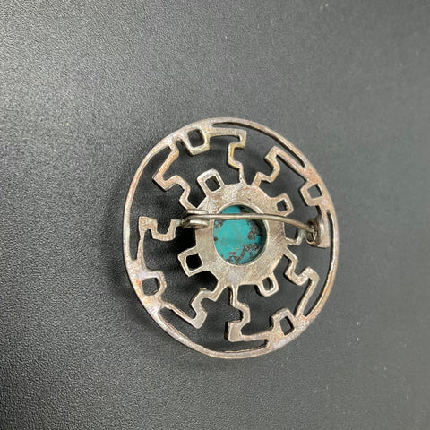 925 Sterling Silver Turquoise Mandala Geometric Cut Out Brooch Pin 10g