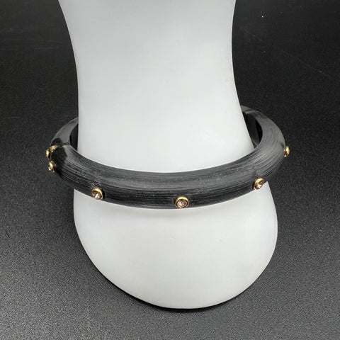 Alexis Bittar Signed Gray Lucite Rhinestone Studded Hinged Bangle Bracelet 6.75"