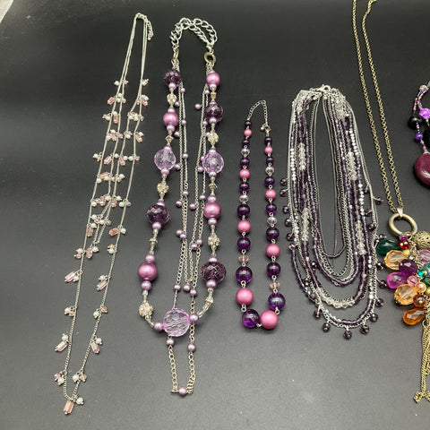 Statement Necklace Jewelry Lot of 7 Purple Pink Multicolor Beaded Multi-strand