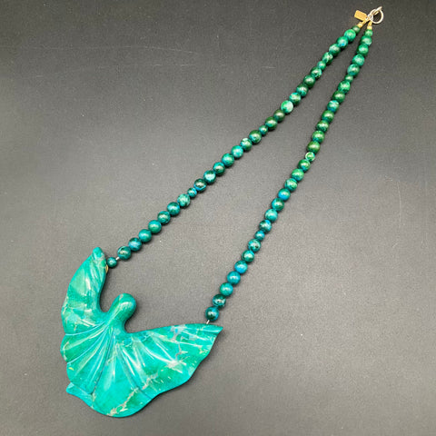 Karla Jordan Vintage Carved Chrysocolla Angel Pendant Beaded Necklace