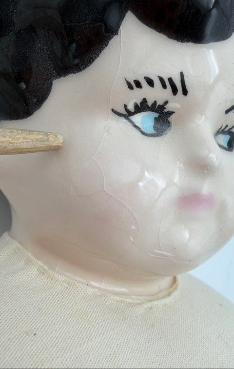 Antique China Head Doll Glazed Porcelain Cloth Body 17 Inch Painted Boots