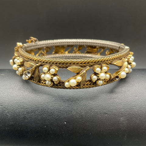 Vintage Florenza Gold Tone Faux Pearl Hinged Bangle Bracelet Floral 7"