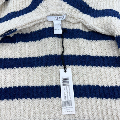 Astars Women's Gelato Cozy Poncho Sweater Oatmeal Blue Striped Hooded Sz M NWT