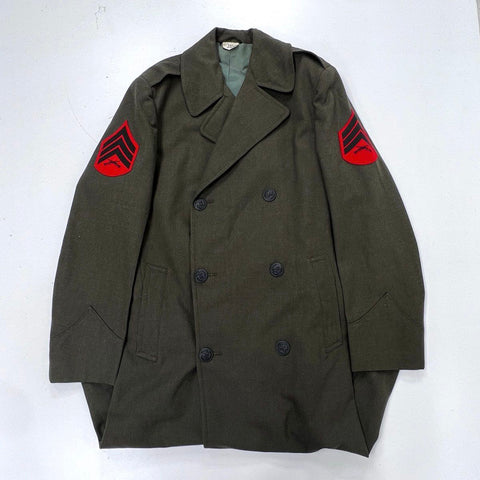 Vintage 60s US Army Men's Green Wool Serge Overcoat Trench Coat Patches Sz 36L