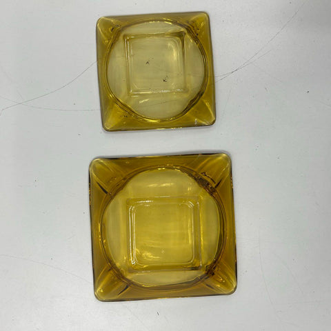 Vintage Amber Glass Square Ashtray Set 2 Piece Mid-Century Modern Barware