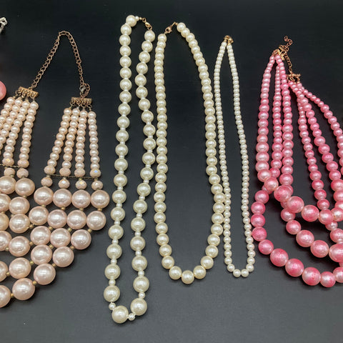 Vintage Faux Pearl Costume Jewelry Lot of 9 Necklaces Multi-Strand White Pink