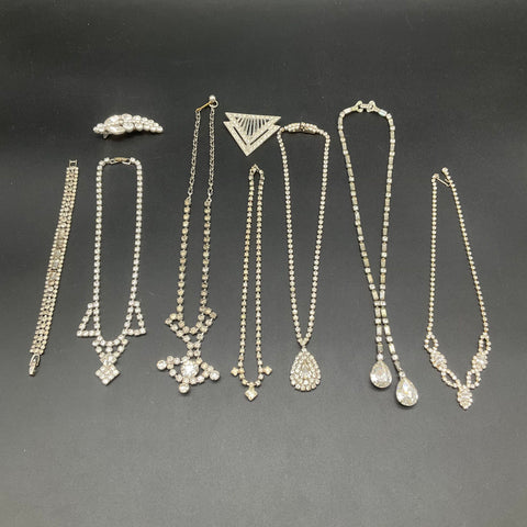 Vintage Mid-Century Rhinestone Costume Jewelry Lot 9pc Necklaces Bracelet Clips