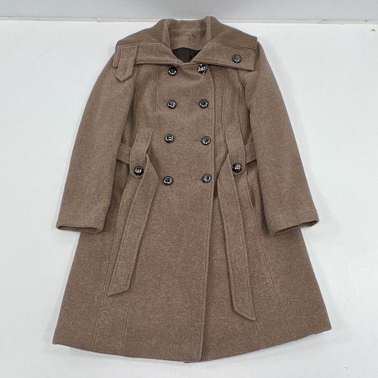 Women's Calvin Klein Brown Wool Blend Button Front Tie Waist Pea Coat - Size 10