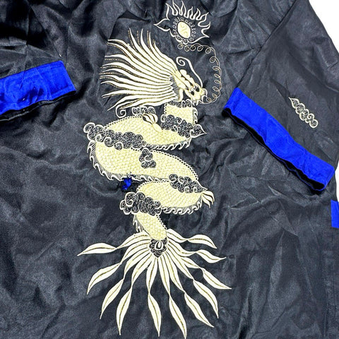 Vintage 80s Unisex Embroidered Dragon Robe Kimono Black Blue Silk Souvenir
