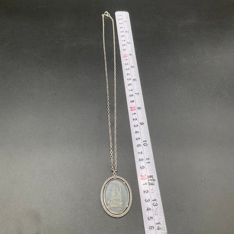 Vintage Avon Silver Tone Clear Glass Intaglio Pendant Necklace Classical 28"