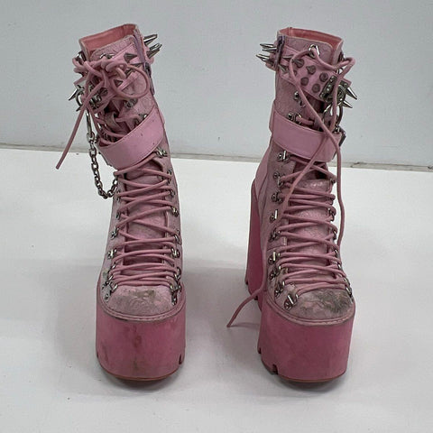 Sugar Thrillz Pink Lace Platform Wedge Combat Boots Spiked Chain Size 7