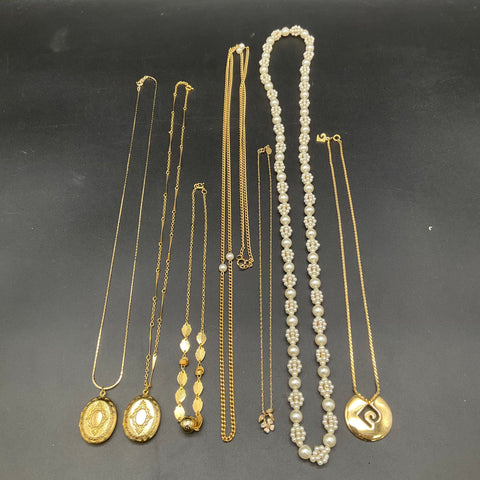 Vintage to Modern Costume Jewelry Lot 7 Necklaces Faux Pearl Lockets Gold Tone