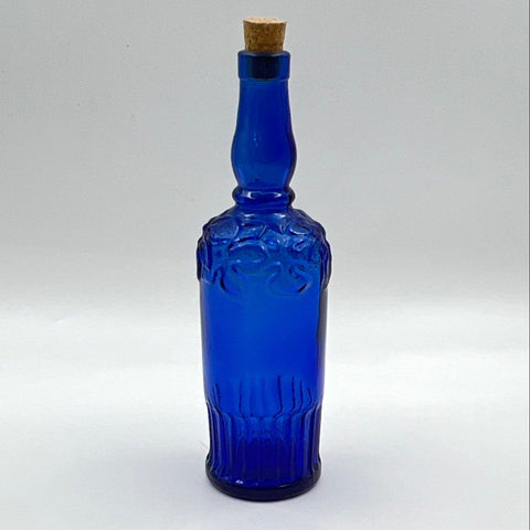 Vintage Cobalt Blue Glass Decorative Bottle Embossed Shoulder Fluted Base
